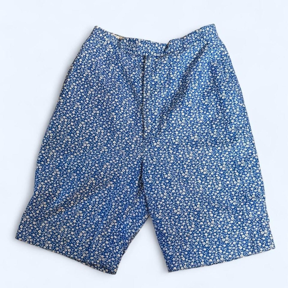 VTG 1960s Corner House High Waist Cotton Twill Blue White Floral Print Shorts